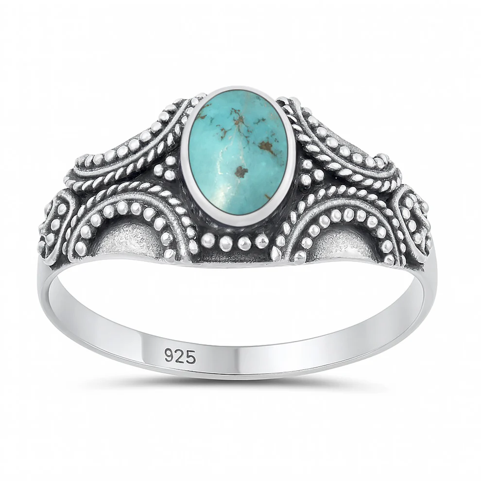 Sterling Silver Oxidized And Polished Bali Style Genuine Turquoise Stone Ring