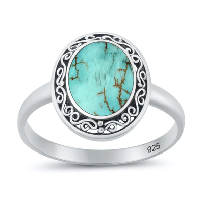 Sterling Silver Oxidized And Polished 14.8mm Bali Style Oval Genuine Turquoise Stone Ring