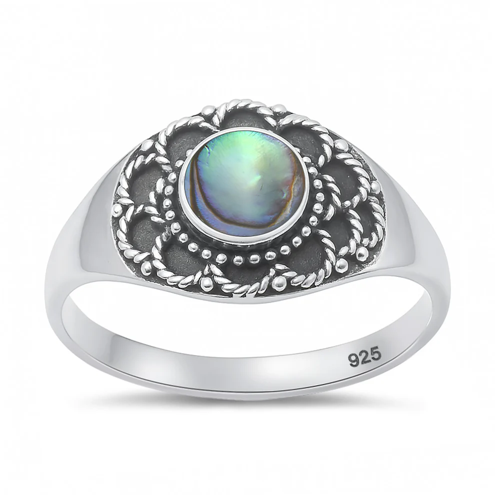 Sterling Silver Oxidized And Polished Bali Style Round Abalone Shell Ring