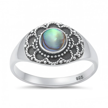 Load image into Gallery viewer, Sterling Silver Oxidized And Polished Bali Style Round Abalone Shell Ring