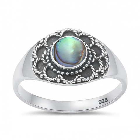 Sterling Silver Oxidized And Polished Bali Style Round Abalone Shell Ring
