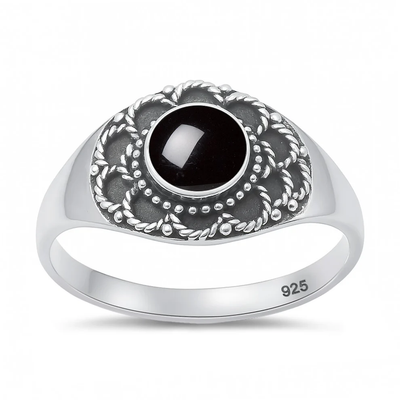 Sterling Silver Oxidized And Polished Bali Style Round Black Onyx Stone Ring