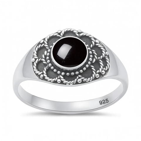 Sterling Silver Oxidized And Polished Bali Style Round Black Onyx Stone Ring