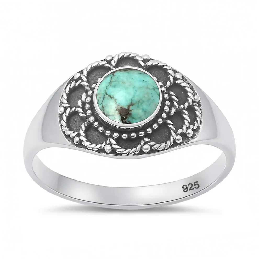 Sterling Silver Oxidized And Polished 11.1mm Bali Style Genuine Turquoise Stone Ring