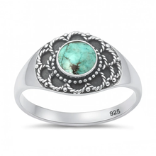 Load image into Gallery viewer, Sterling Silver Oxidized And Polished 11.1mm Bali Style Genuine Turquoise Stone Ring