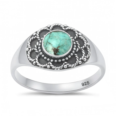 Sterling Silver Oxidized And Polished 11.1mm Bali Style Genuine Turquoise Stone Ring