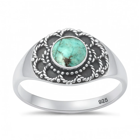 Sterling Silver Oxidized And Polished 11.1mm Bali Style Genuine Turquoise Stone Ring