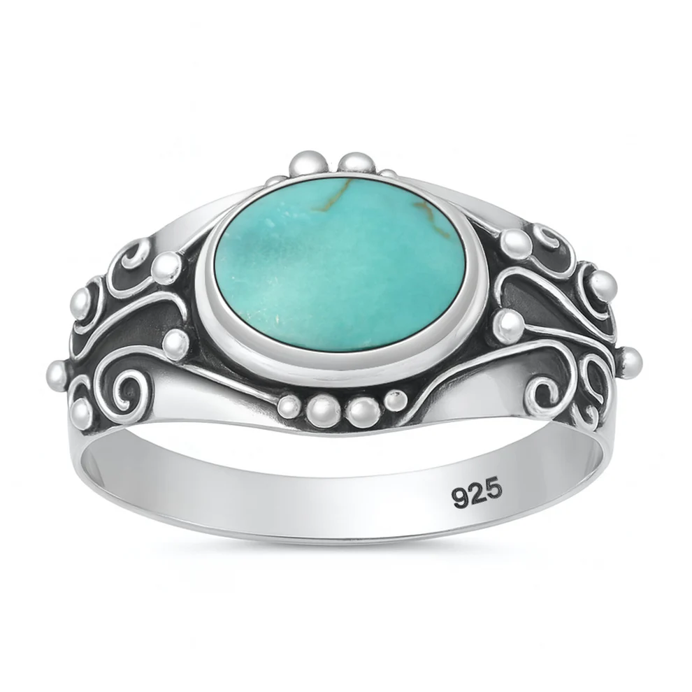 Sterling Silver Oxidized And Polished Bali Style Oval Genuine Turquoise Stone Ring