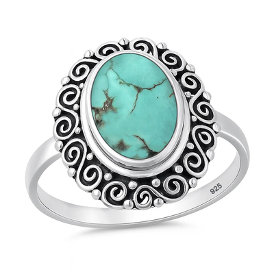 Sterling Silver Oxidized And Polished 20mm Bali Style Genuine Turquoise Stone Ring