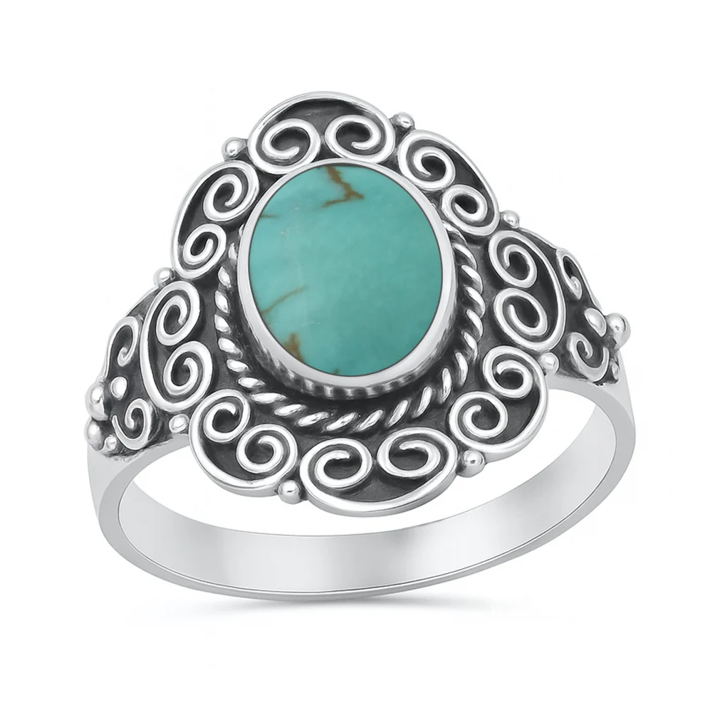 Sterling Silver Oxidized And Polished 17.3mm Bali Style Genuine Turquoise Stone Ring