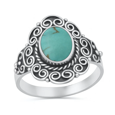 Sterling Silver Oxidized And Polished 17.3mm Bali Style Genuine Turquoise Stone Ring
