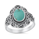 Sterling Silver Oxidized And Polished 17.3mm Bali Style Genuine Turquoise Stone Ring
