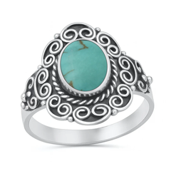 Sterling Silver Oxidized And Polished 17.3mm Bali Style Genuine Turquoise Stone Ring