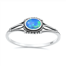Load image into Gallery viewer, Sterling Silver Oxidized And Polished Bali Style Blue Lab Opal Ring