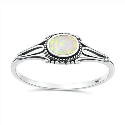 Sterling Silver Oxidized And Polished Bali Style White Lab Opal Ring