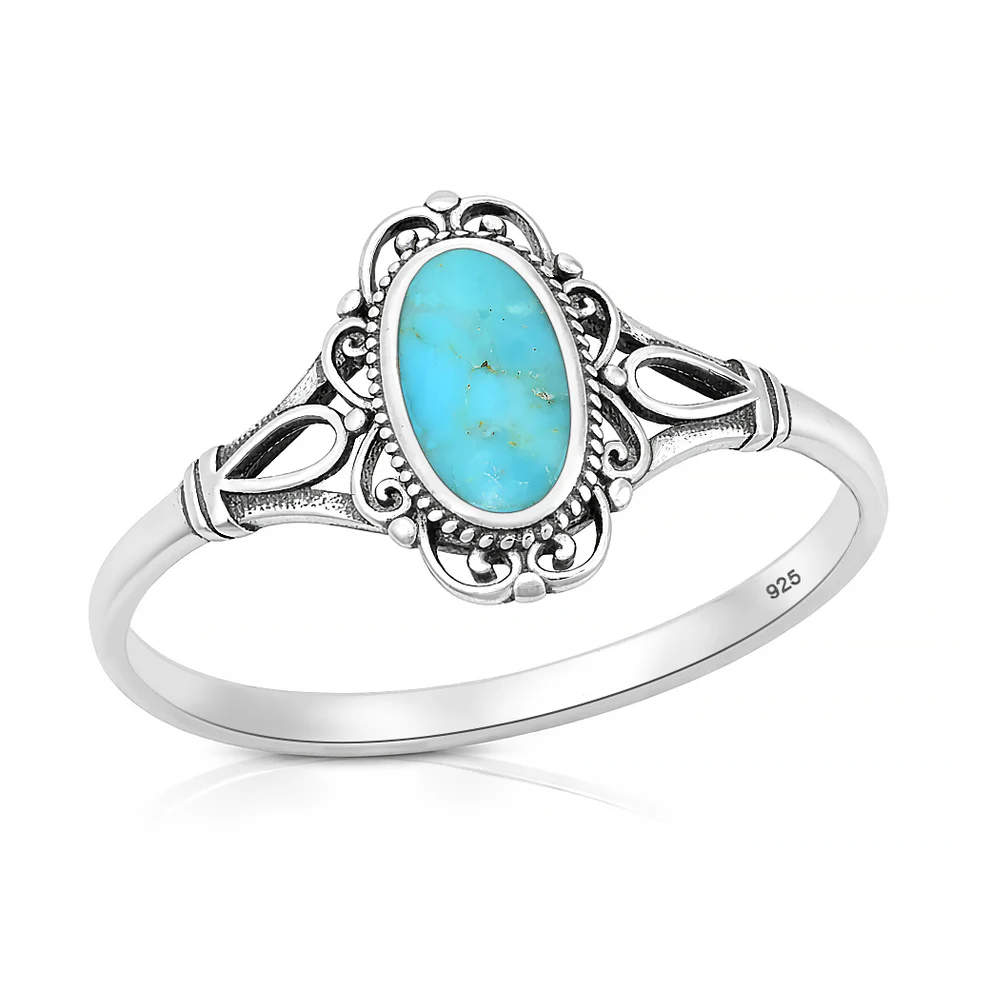 Sterling Silver Oxidized And Polished Vintage Style Filigree Turquoise Stone Ring