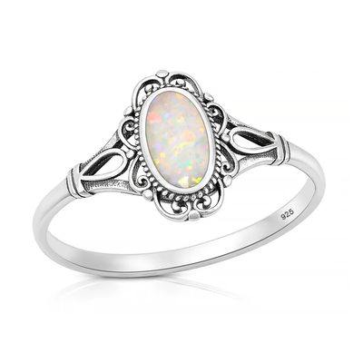 Sterling Silver Oxidized And Polished Vintage Style Filigree White Lab Opal Ring