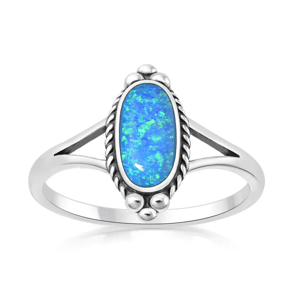 Sterling Silver Oxidized And Polished Blue Lab Opal Oval Ring