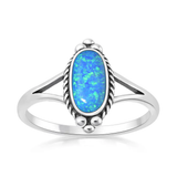 Sterling Silver Oxidized And Polished Blue Lab Opal Oval Ring