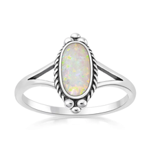 Load image into Gallery viewer, Sterling Silver Oxidized And Polished Oval White Lab Opal Ring