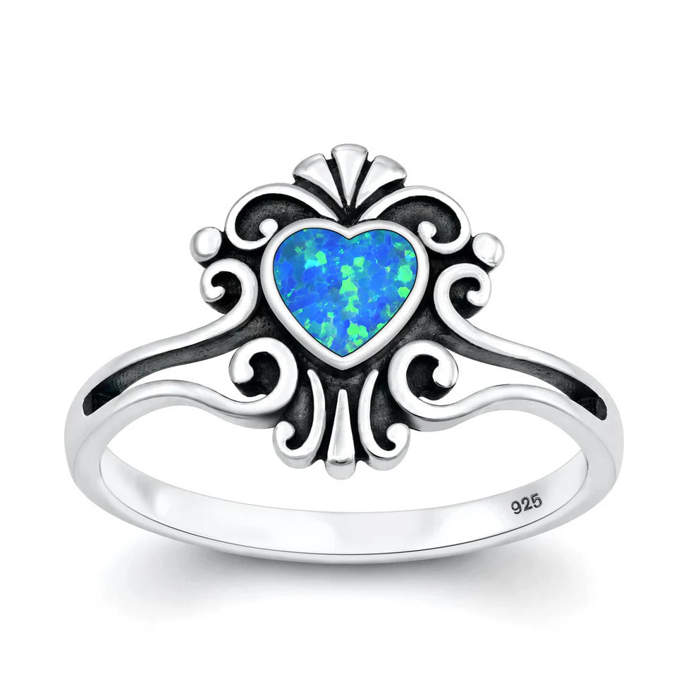 Sterling Silver Oxidized And Polished Heart Filigree Blue Lab Opal Ring