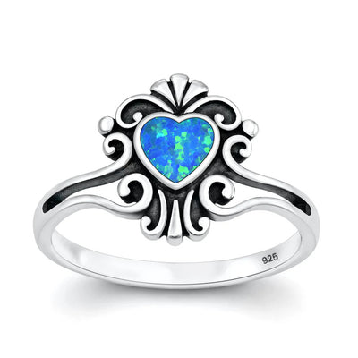 Sterling Silver Oxidized And Polished Heart Filigree Blue Lab Opal Ring