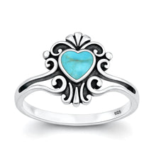 Load image into Gallery viewer, Sterling Silver Oxidized And Polished Heart Filigree Turquoise Stone Ring
