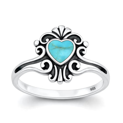 Sterling Silver Oxidized And Polished Heart Filigree Turquoise Stone Ring