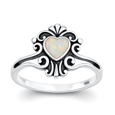 Sterling Silver Oxidized And Polished Heart Filigree White Lab Opal Ring