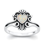 Sterling Silver Oxidized And Polished Heart Filigree White Lab Opal Ring
