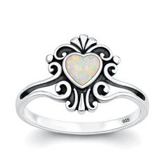 Sterling Silver Oxidized And Polished Heart Filigree White Lab Opal Ring