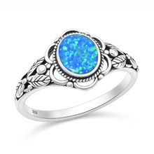 Load image into Gallery viewer, Sterling Silver Oxidized And Polished Bali Leaves Blue Lab Opal Ring