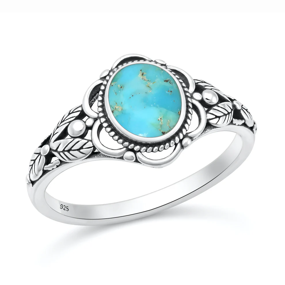 Sterling Silver Oxidized And Polished Bali Leaves Turquoise Stone Ring