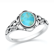 Load image into Gallery viewer, Sterling Silver Oxidized And Polished Bali Leaves Turquoise Stone Ring