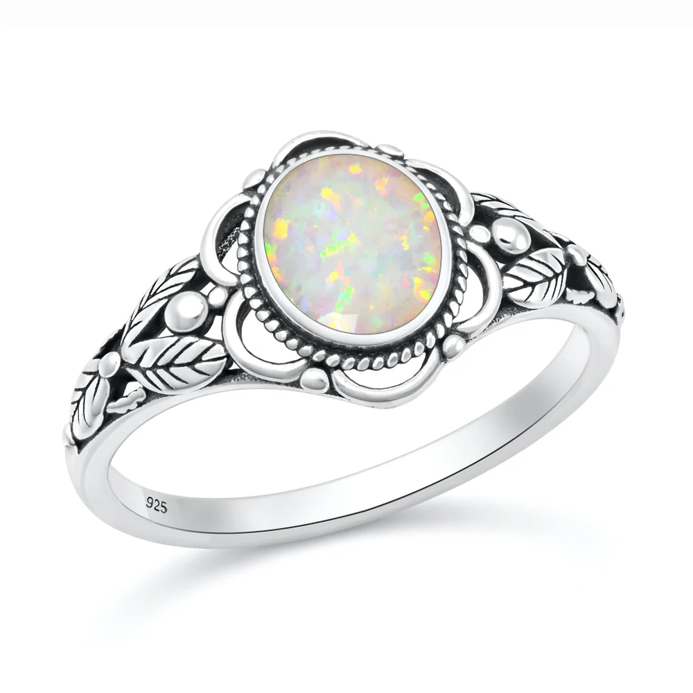 Sterling Silver Oxidized And Polished Bali Leaves White Lab Opal Ring