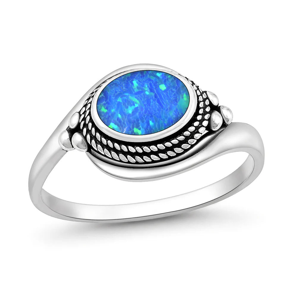 Sterling Silver Oxidized And Polished Blue Lab Opal Ring