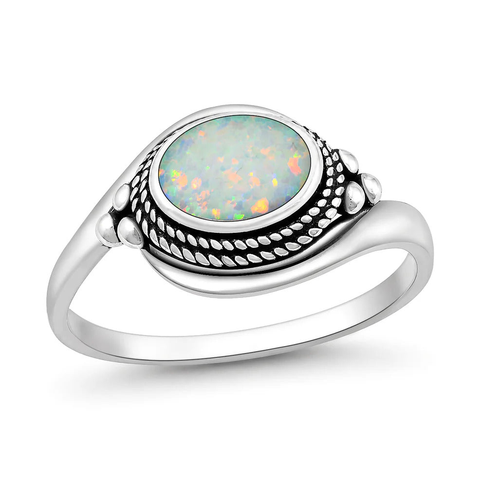 Sterling Silver Oxidized And Polished White Lab Opal Ring