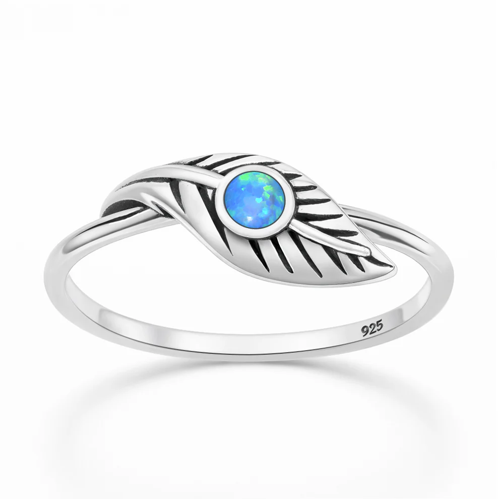 Sterling Silver Oxidized And Polished Feather Blue Lab Opal Ring