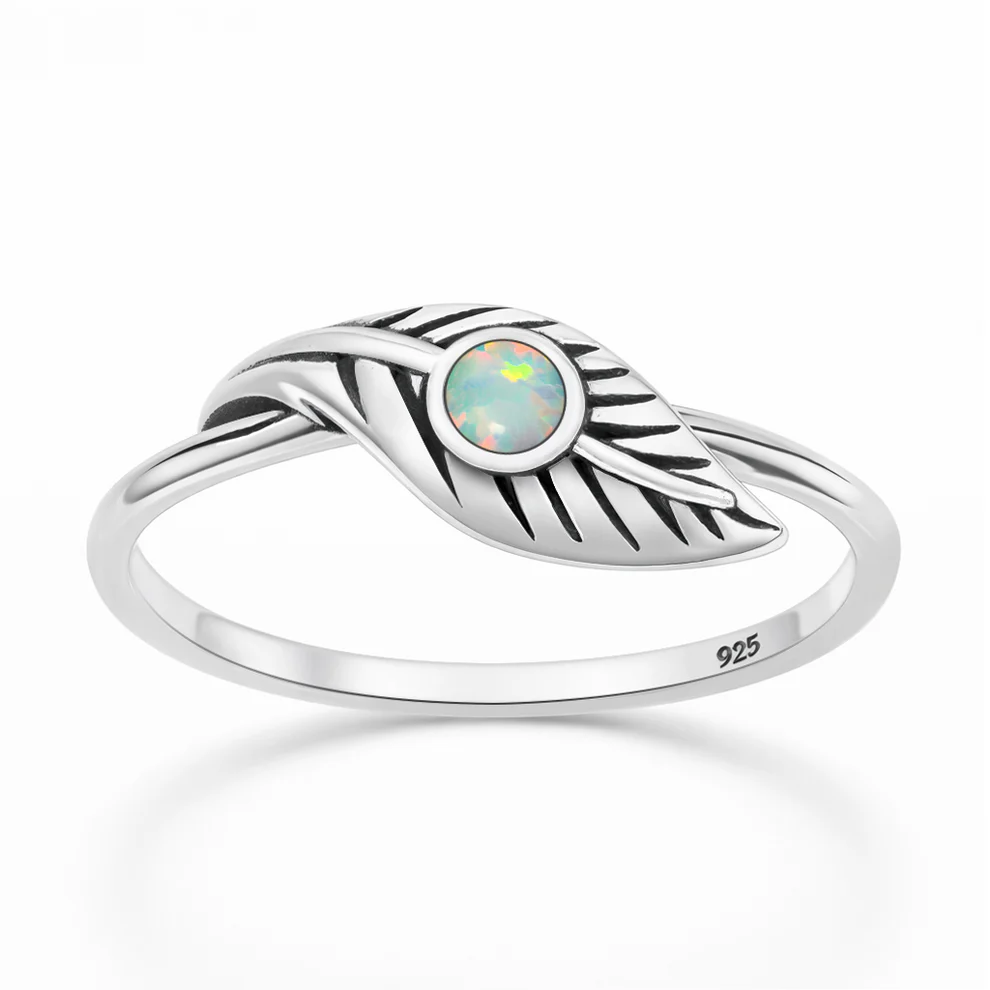 Sterling Silver Oxidized And Polished Feather White Lab Opal Ring