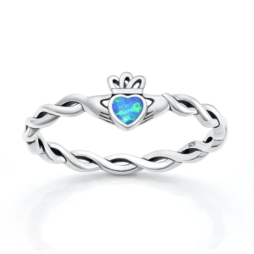Sterling Silver Oxidized And Polished Claddagh Blue Lab Opal Ring