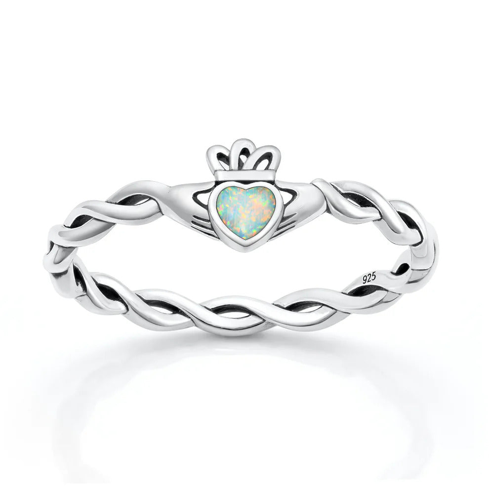 Sterling Silver Oxidized And Polished 6.3mm Claddagh White Lab Opal Ring