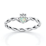 Sterling Silver Oxidized And Polished 6.3mm Claddagh White Lab Opal Ring