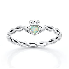 Sterling Silver Oxidized And Polished 6.3mm Claddagh White Lab Opal Ring