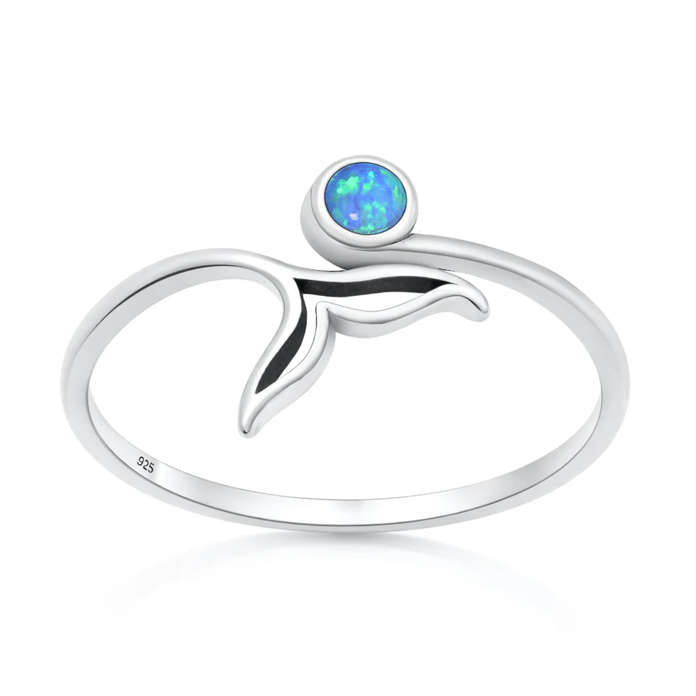 Sterling Silver Oxidized And Polished Whale Tail Blue Lab Opal Ring