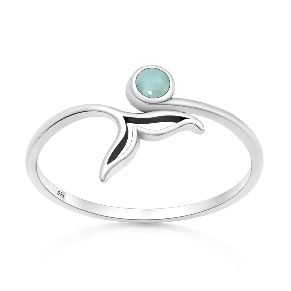Sterling Silver Oxidized And Polished Whale Tail Larimar Stone Ring