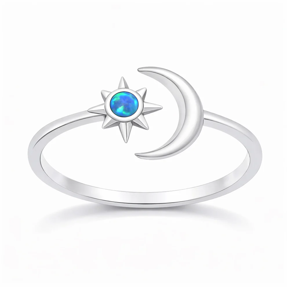 Sterling Silver Oxidized And Polished Moon And Star Blue Lab Opal Ring
