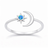 Sterling Silver Oxidized And Polished Moon And Star Blue Lab Opal Ring