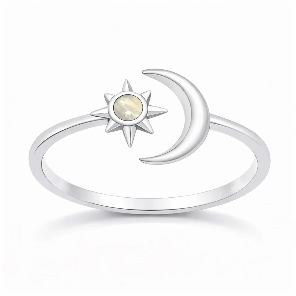 Sterling Silver Oxidized And Polished Moon And Star Moonstone Ring