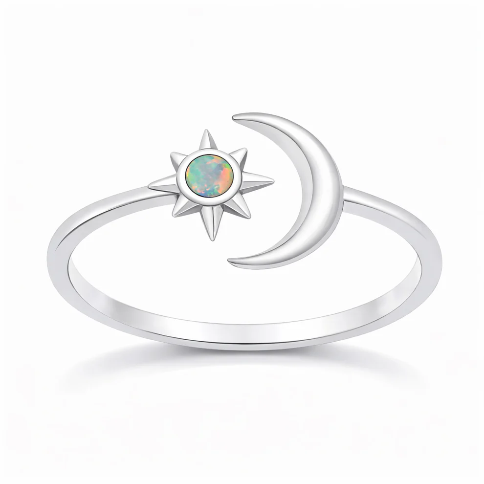 Sterling Silver Oxidized Polished Moon and Star White Lab Opal Ring