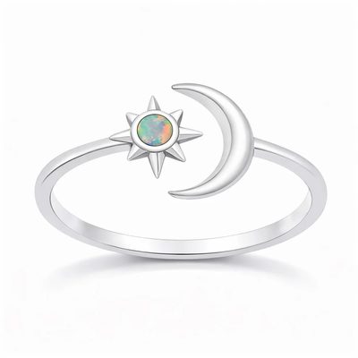 Sterling Silver Oxidized And Polished Moon And Star White Lab Opal Ring